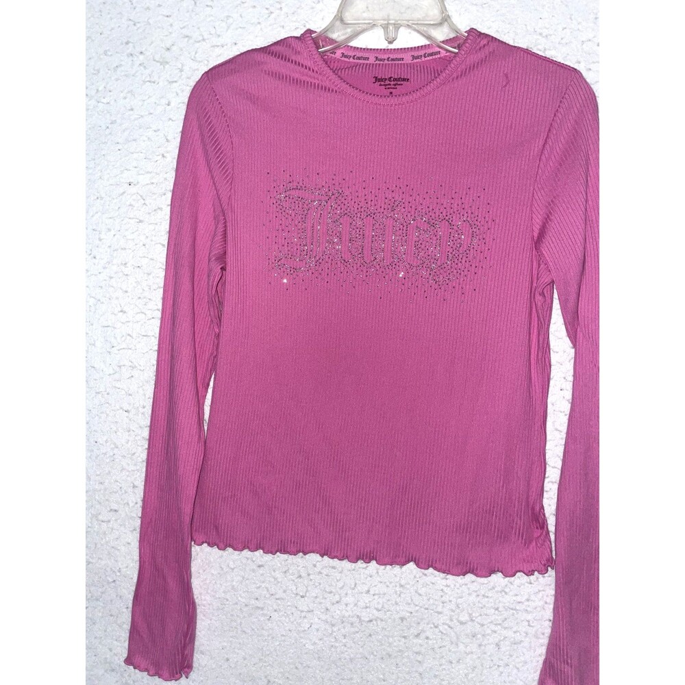 Juicy Couture Rhinestone Logo Pullover Top Womens M Pink Bling Stretch Ribbed